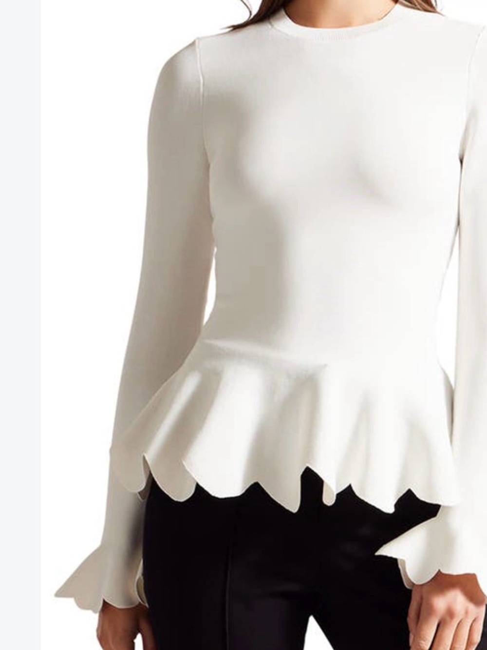 Ted Baker Lillyyy Fitted Peplum Top Ivory Long Sleeve Knit Stretch